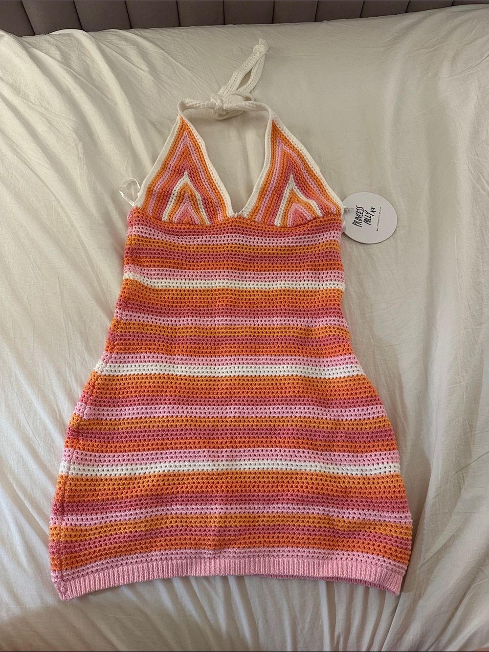 Princess Polly Pink, Orange & White Crochet Halter One-Piece